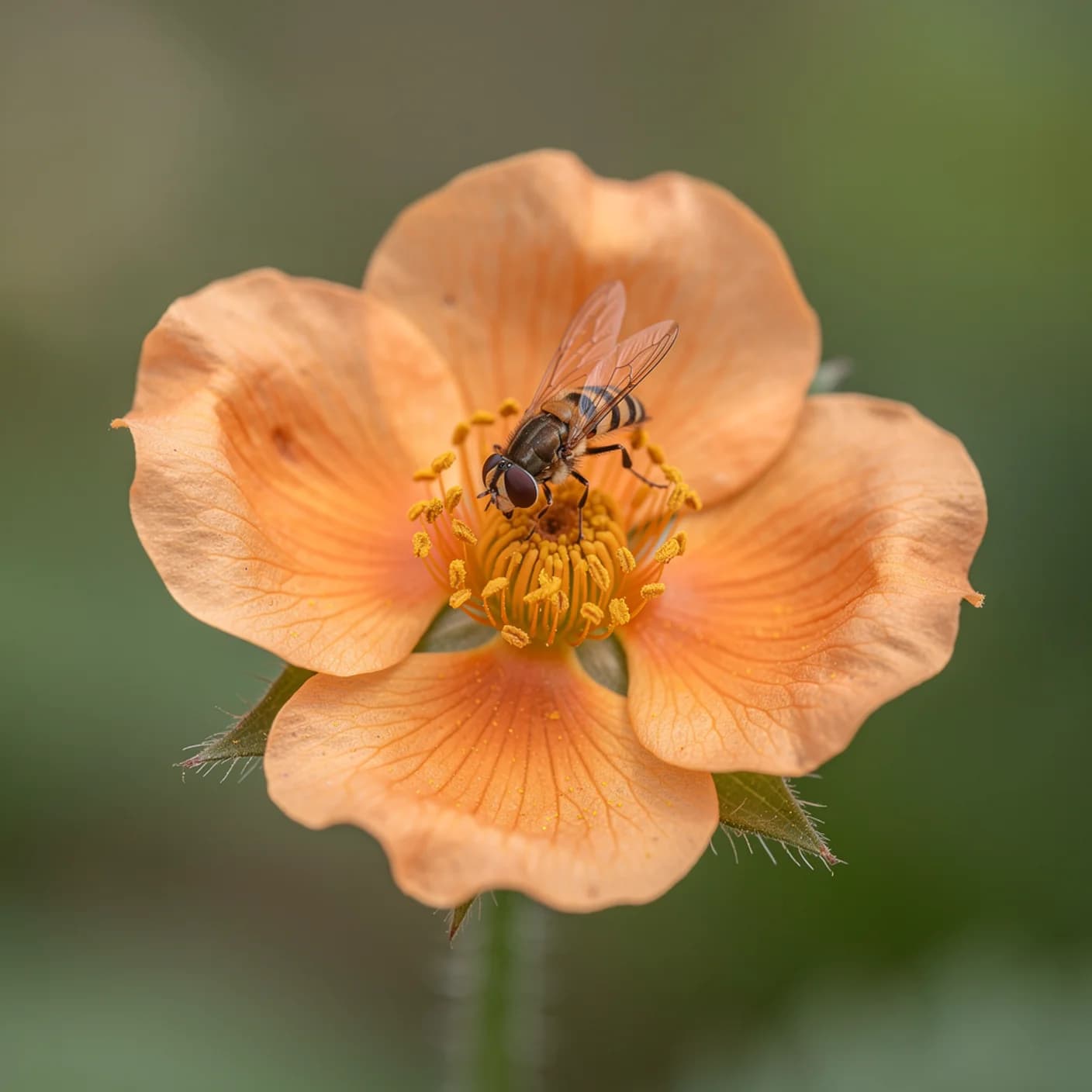 Geum — Close-up single flower with bee