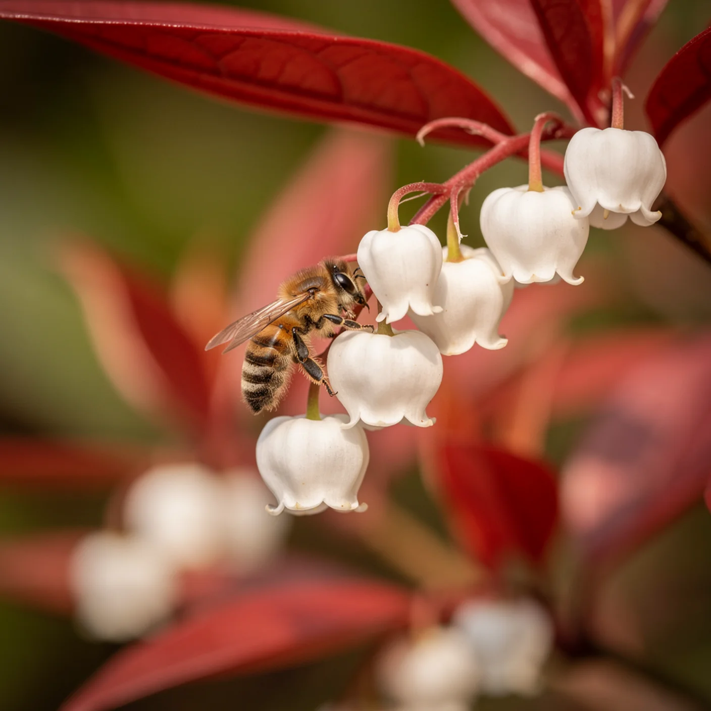 Pieris — Macro of pieris bell flowers and red new leaves together