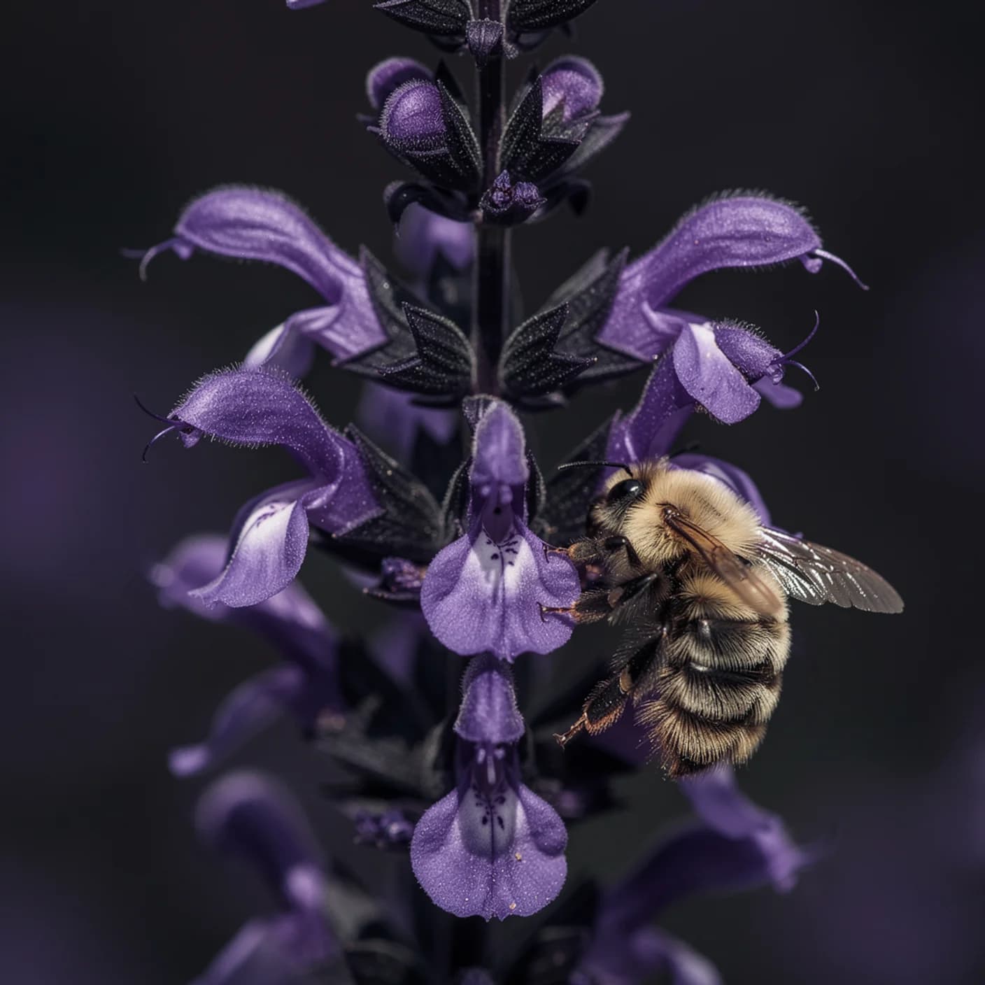 Salvia — Macro of salvia flower spike showing individual tubular flowers on dark stem