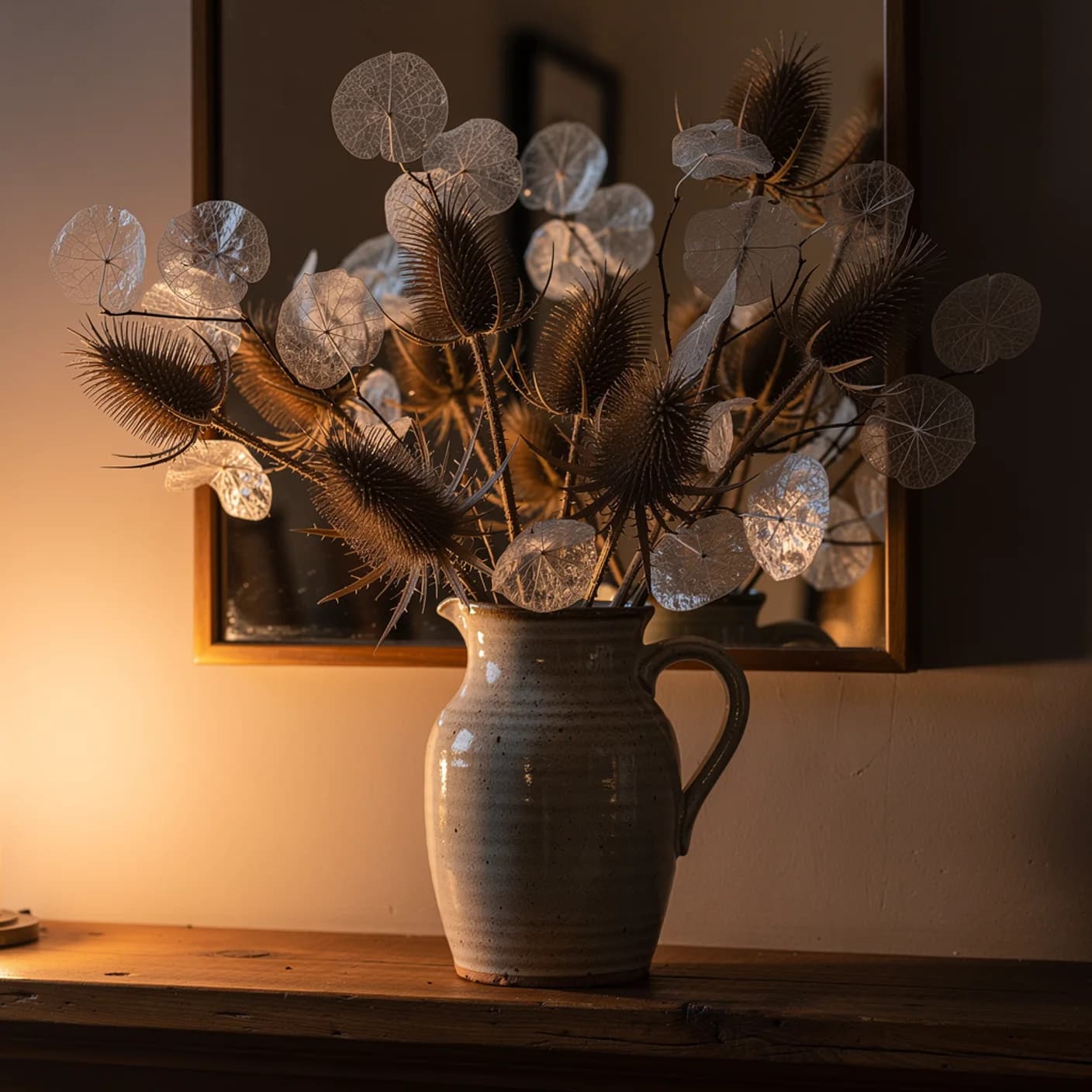 Teasel — Dried teasel heads with honesty in a winter arrangement