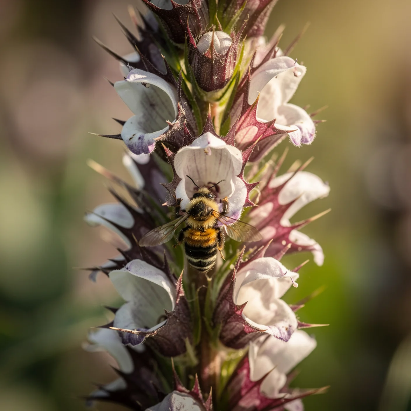 Acanthus — Macro of acanthus flower spike showing hooded flowers and bracts
