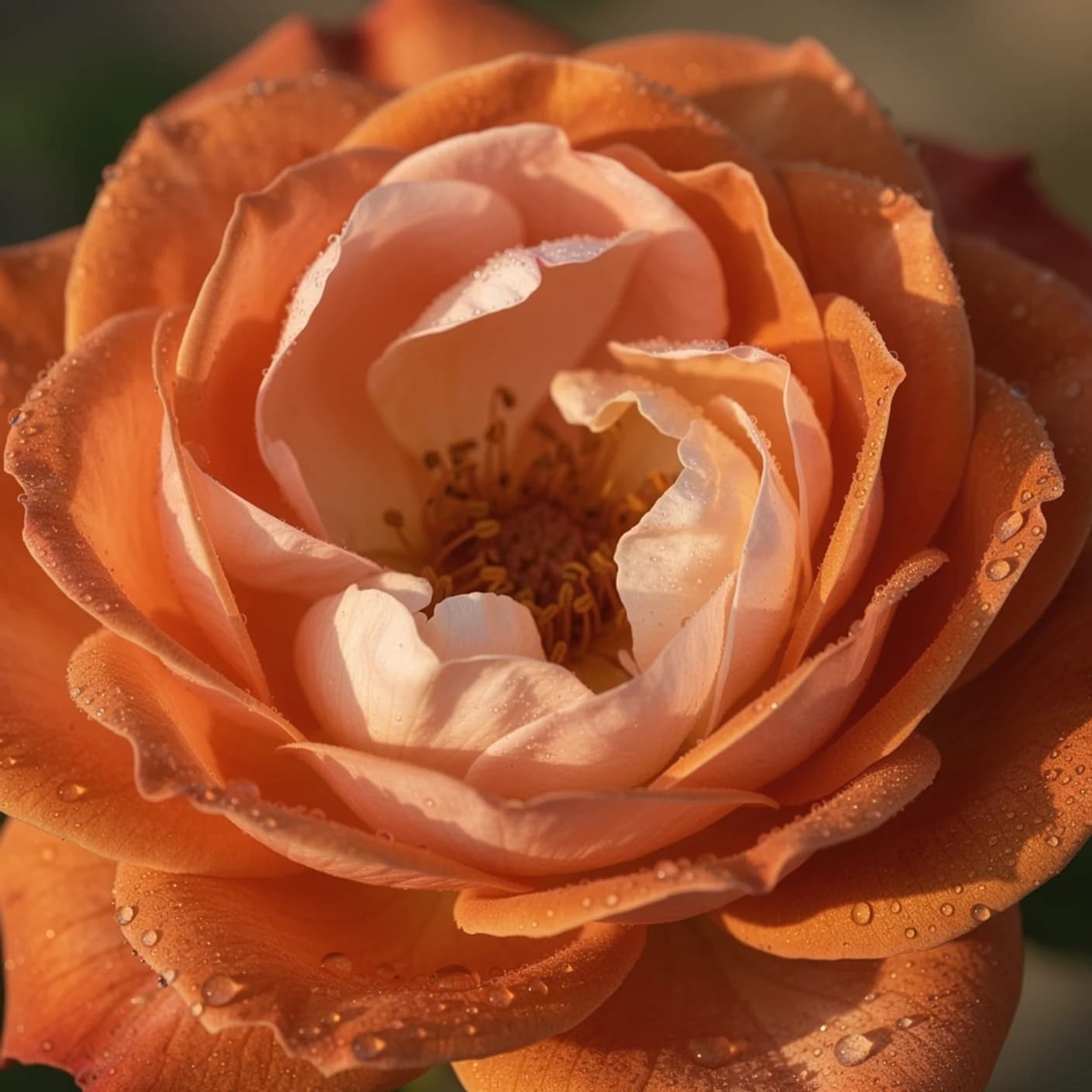 Rambling Rose — Macro of Albertine rose showing petal colour and stamens