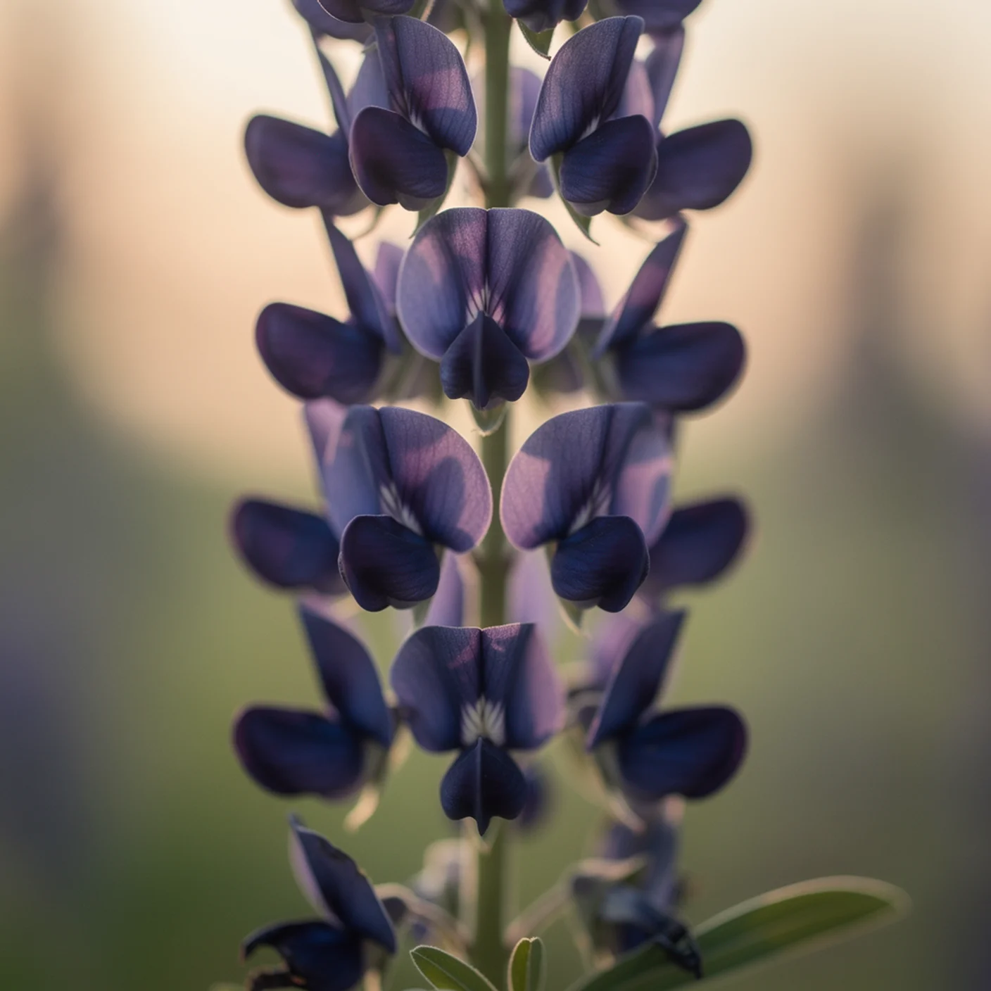 Baptisia — Macro of baptisia flowers showing pea-like form and indigo colour