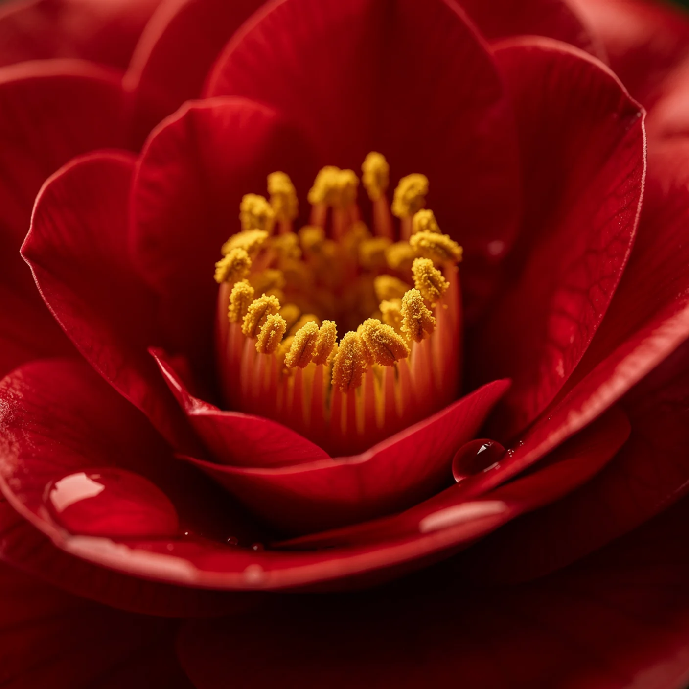 Camellia — Macro of waxy petal surface and golden stamens