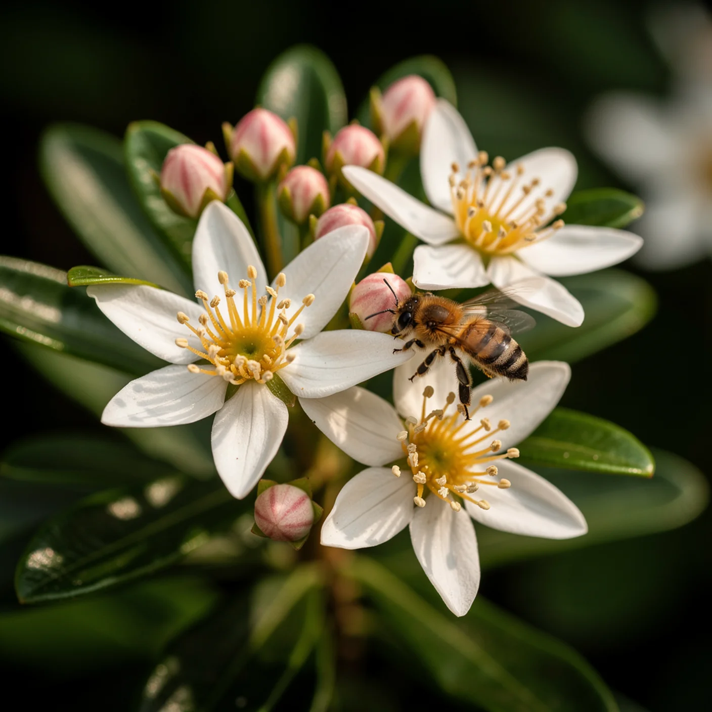Choisya — Macro of choisya flower cluster showing starry white blooms