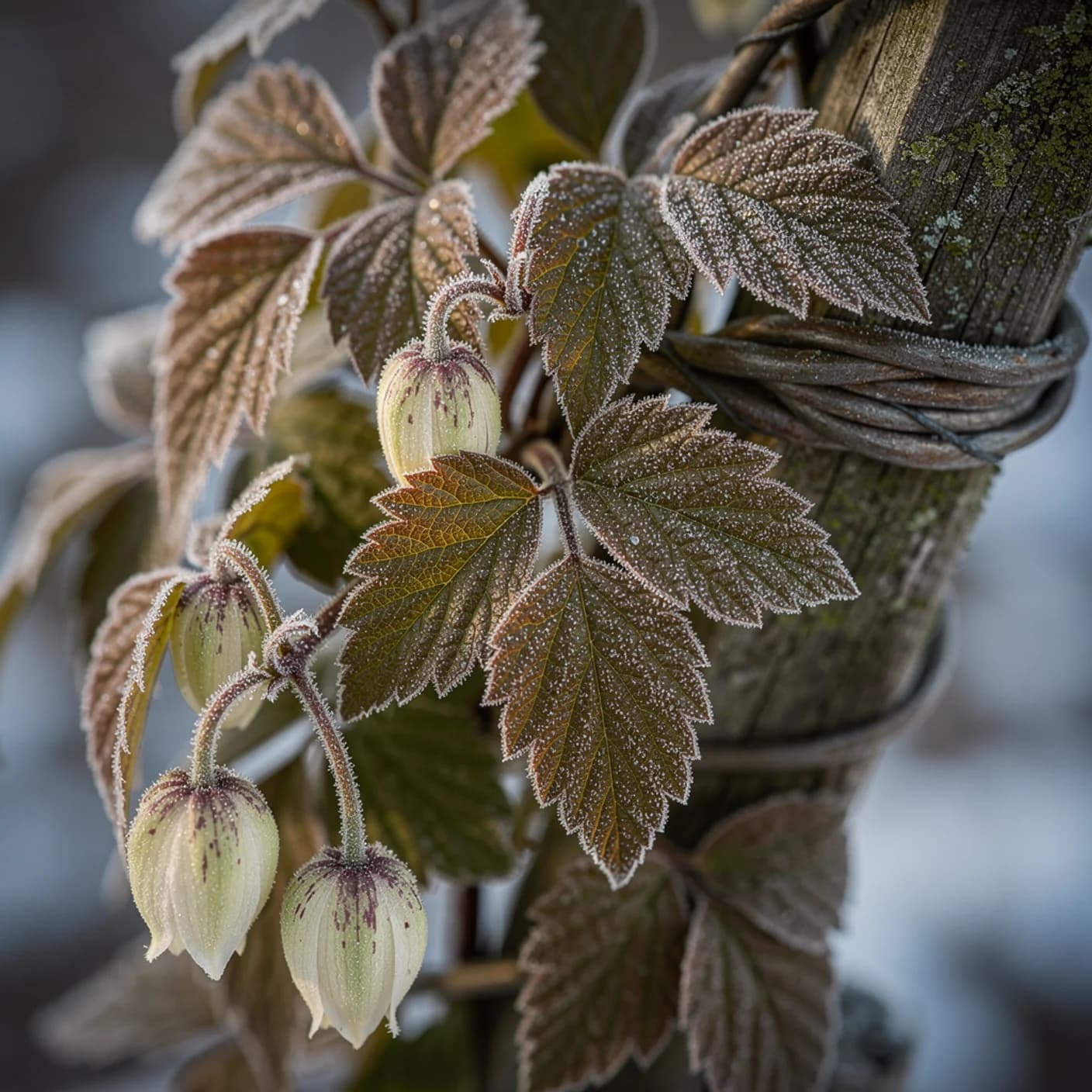 Clematis — Close-up of bronze foliage and buds