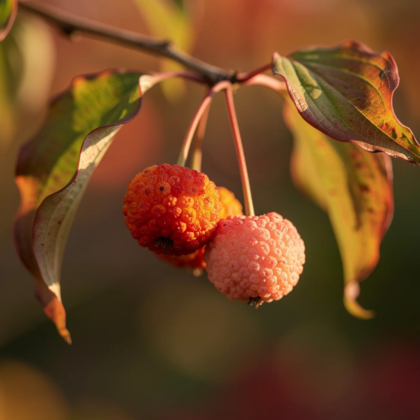 Cornus — Close-up of strawberry-like fruit in autumn