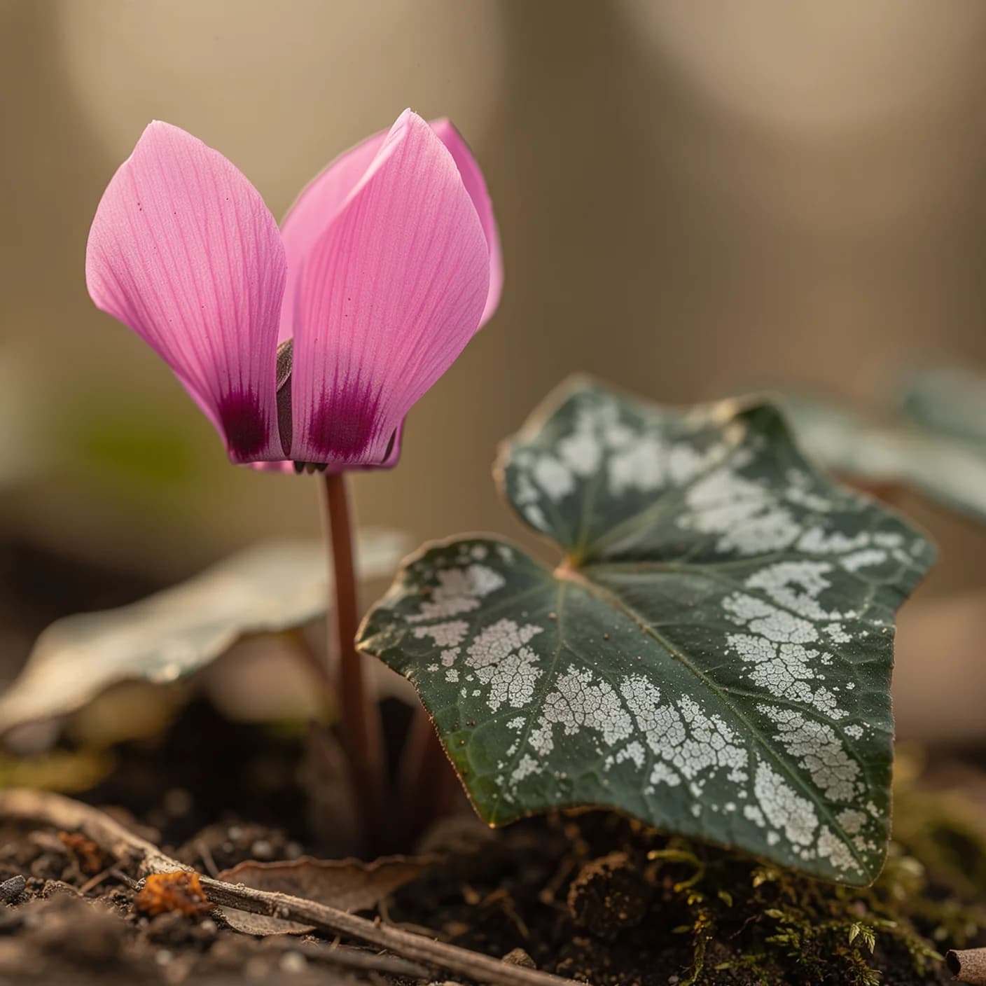 Cyclamen — Macro detail of single flower and marbled leaf