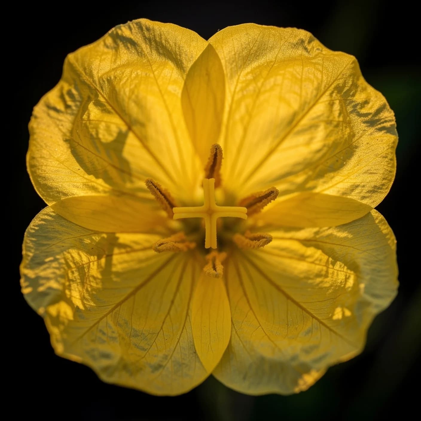 Evening Primrose — Macro of evening primrose flower showing four yellow petals and stigma