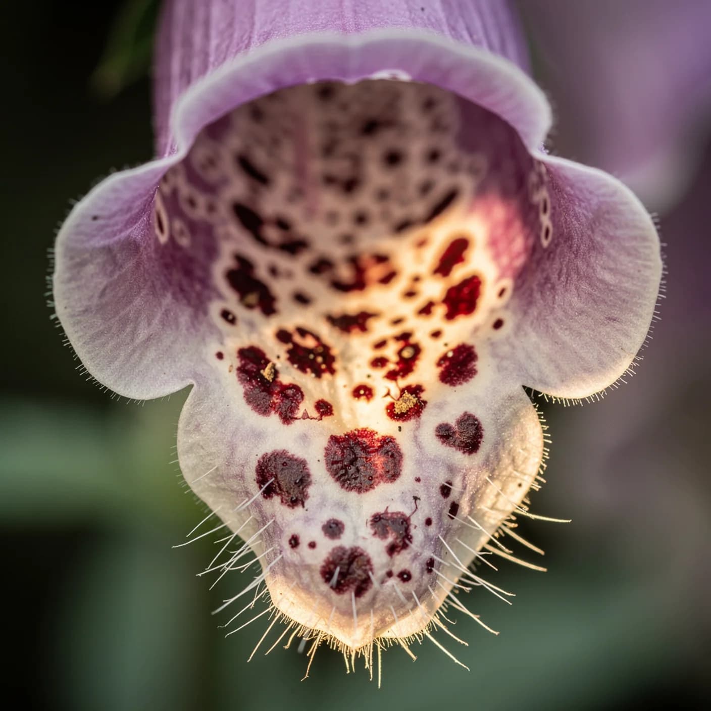 Foxglove — Macro inside a single bell showing spots