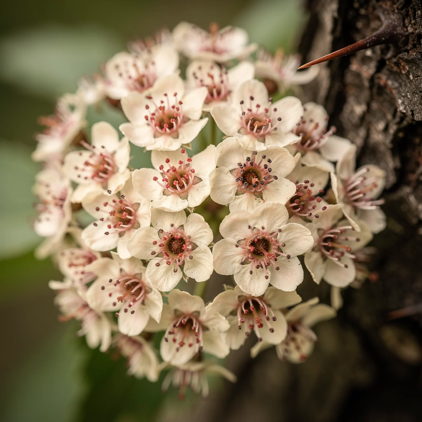 Hawthorn — Macro of individual tiny five-petalled flowers