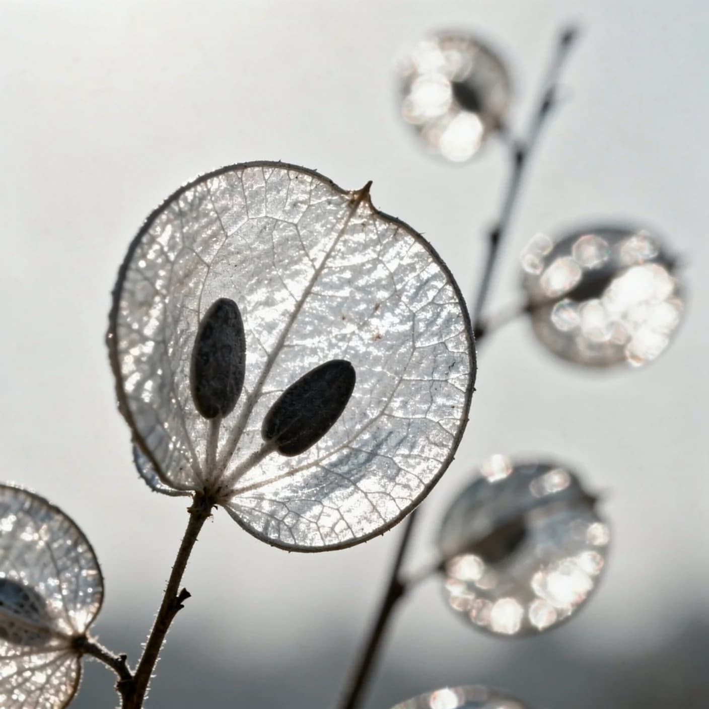Honesty — Macro of single translucent pod, backlit