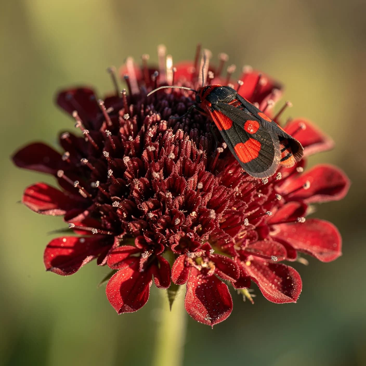 Knautia — Macro close-up of a knautia flower head showing pincushion form
