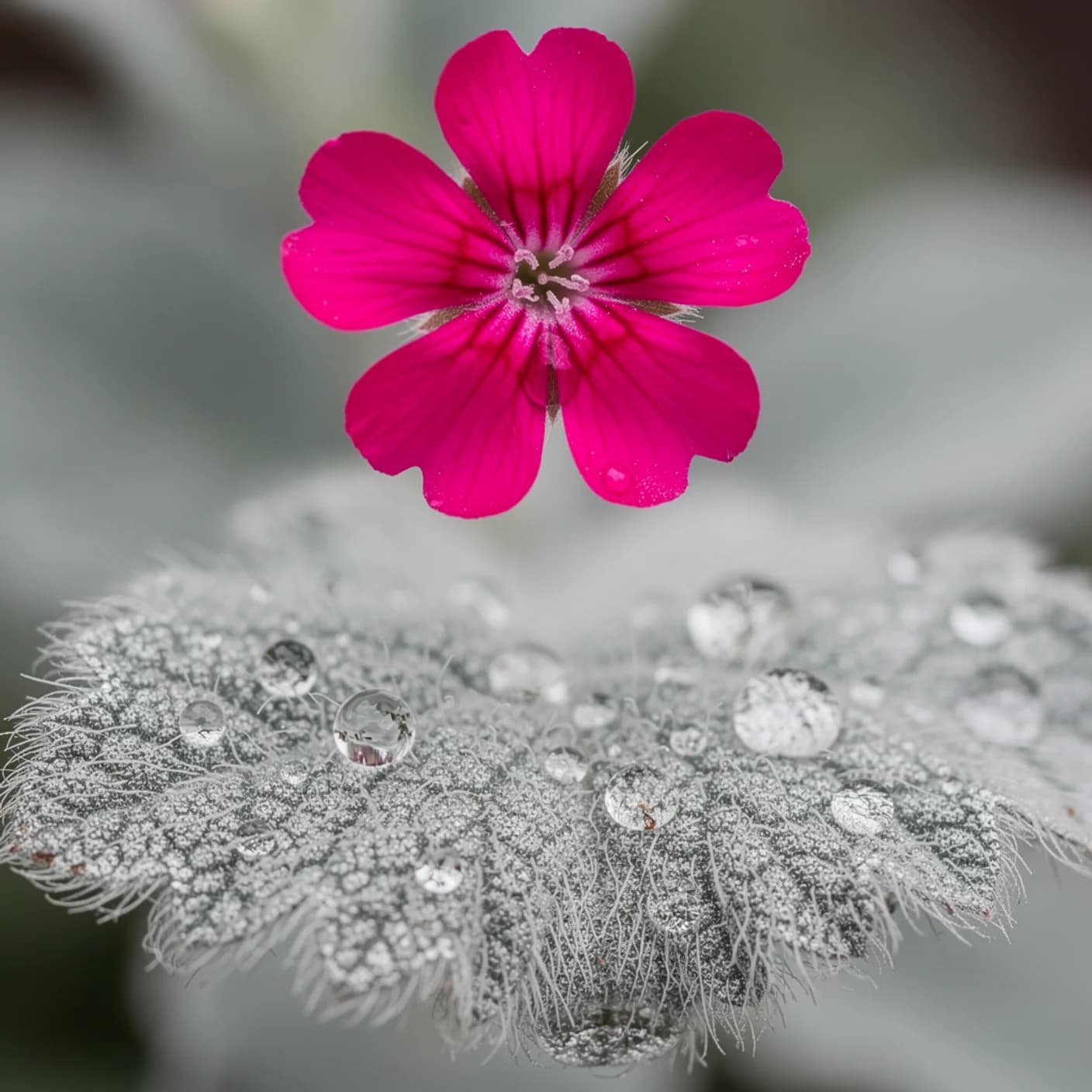Rose Campion — Macro of rose campion flower and silver-felted leaf with water beads