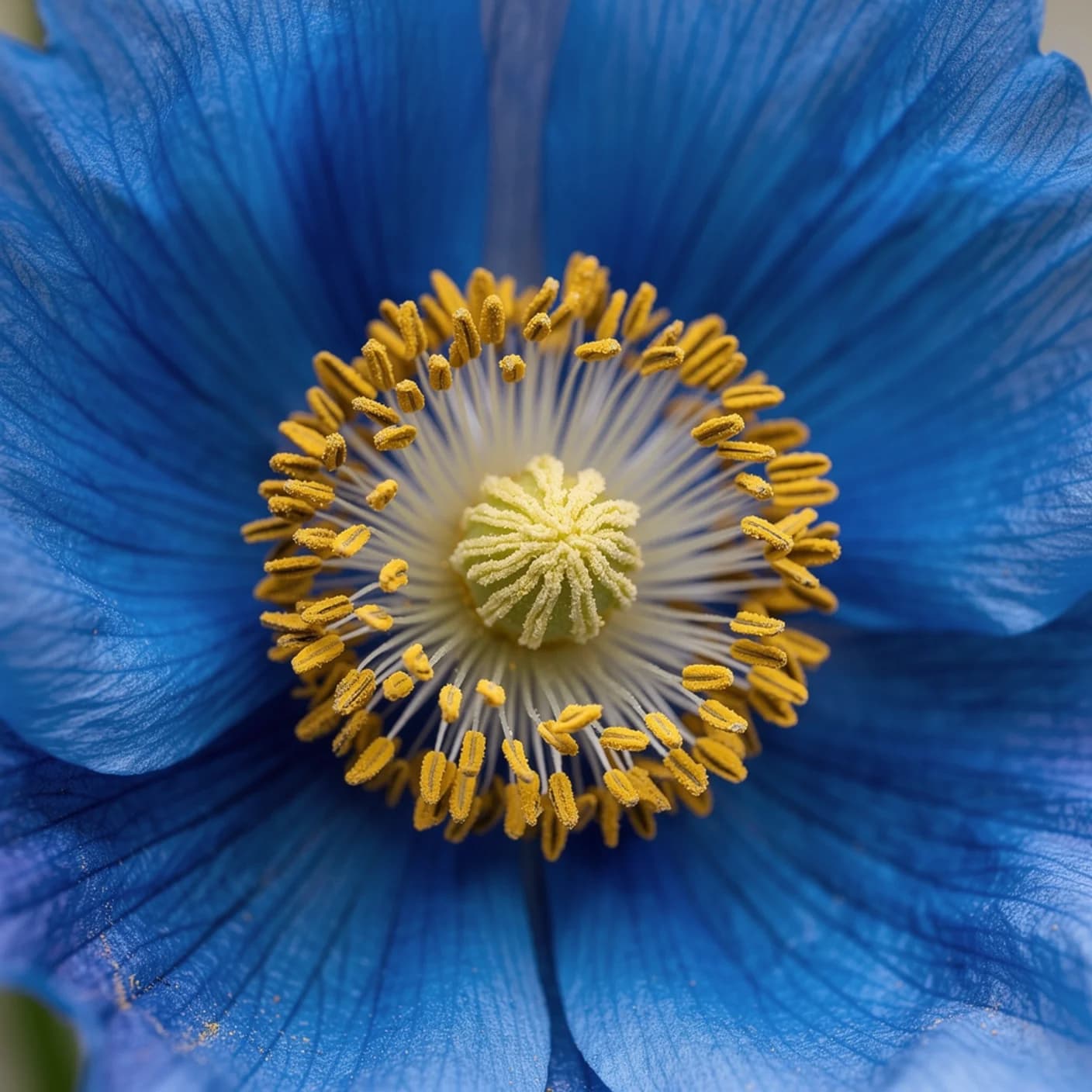 Himalayan Blue Poppy — Macro of petals and golden stamens