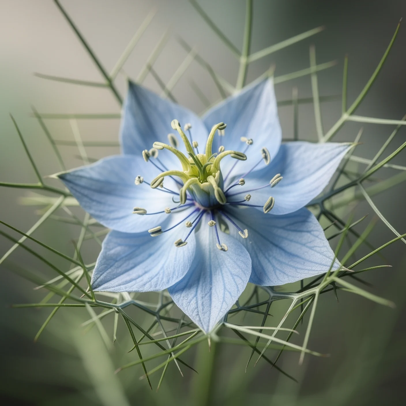 Love-in-a-Mist — Macro of single blue flower within bracts