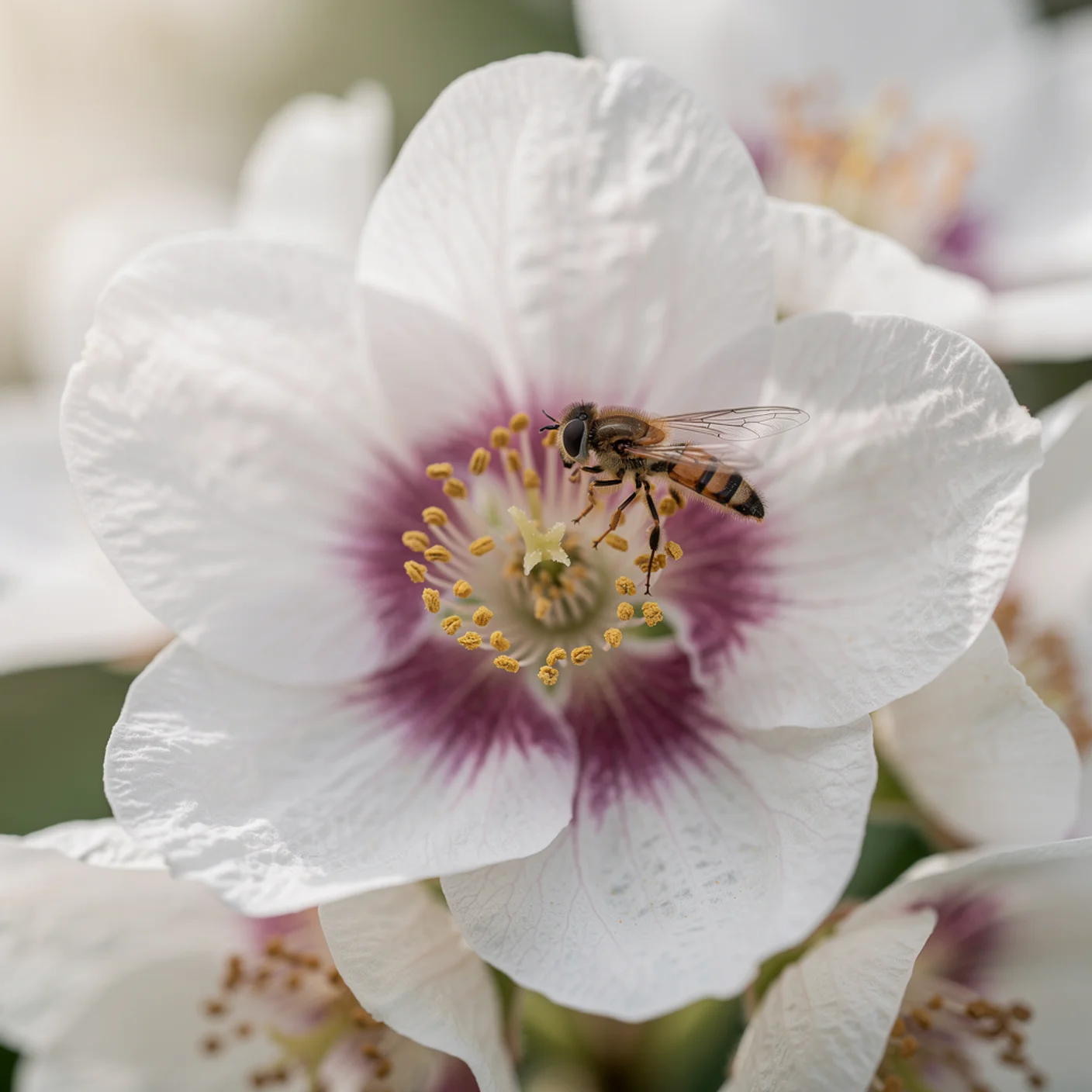 Philadelphus — Close-up of single philadelphus flower showing purple centre stain