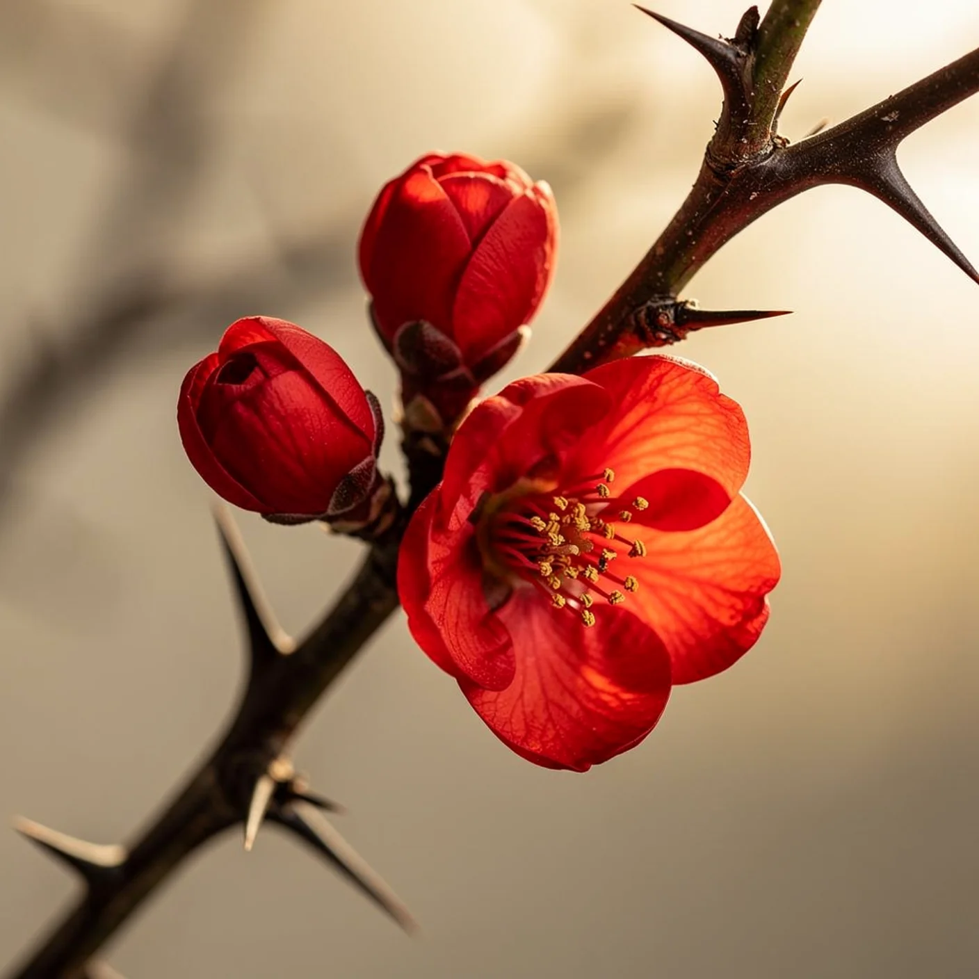 Flowering Quince — Macro of single flower cluster on thorny branch
