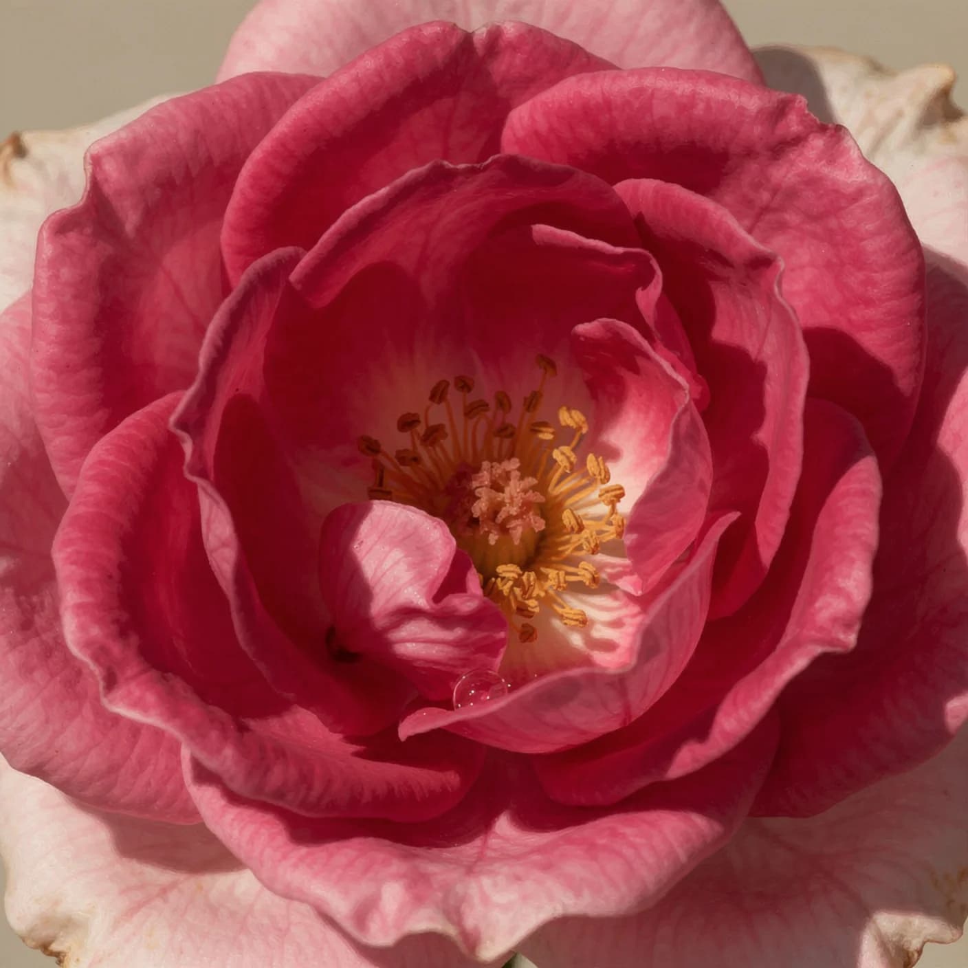 Garden Rose — Macro of quartered petal centre and stamens