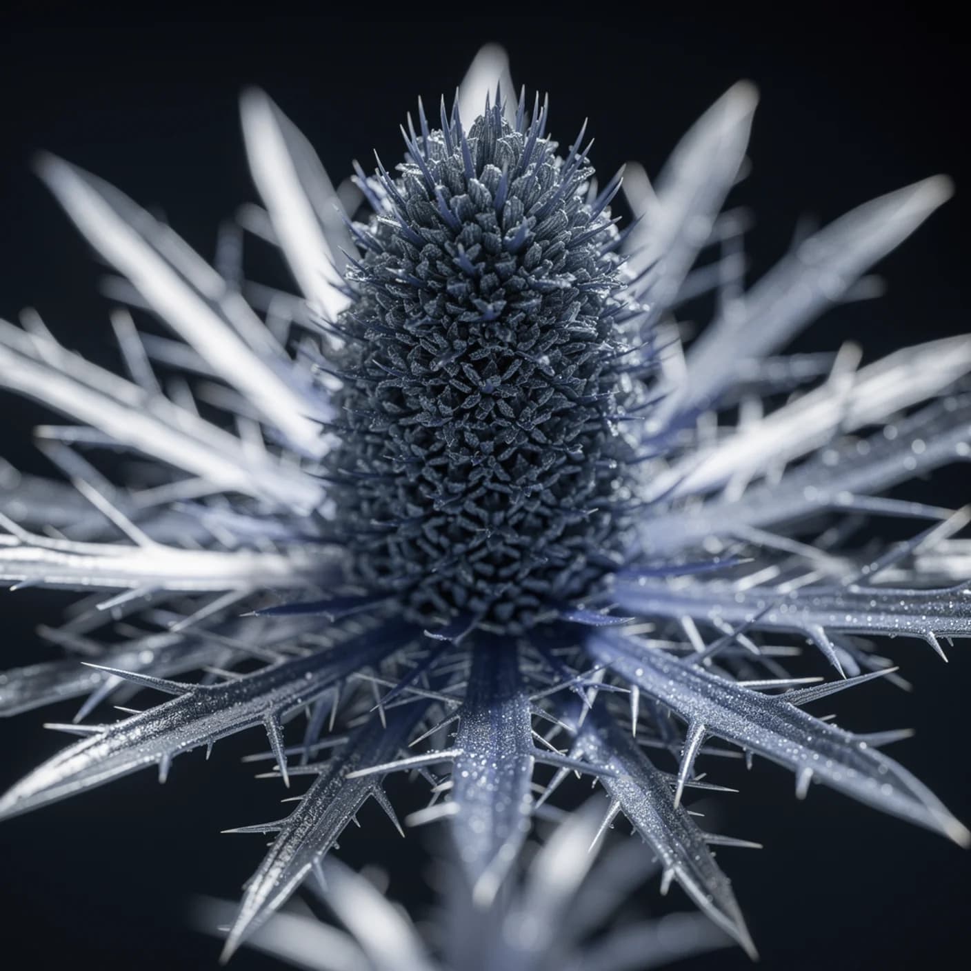 Sea Holly — Macro of spiky bracts and thimble-shaped cone