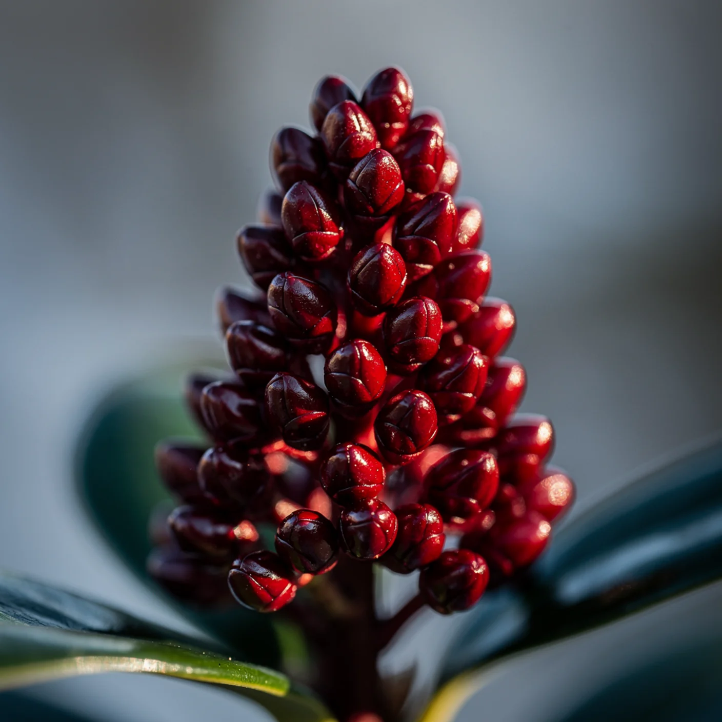 Skimmia — Macro of skimmia bud cluster showing colour and texture