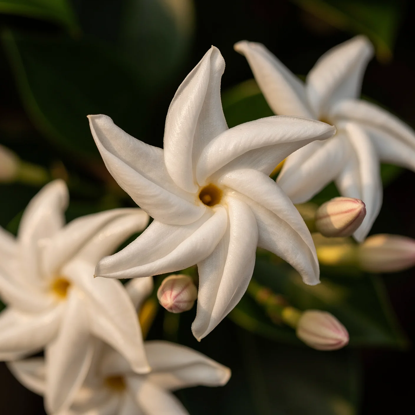 Star Jasmine — Macro of star jasmine flowers showing pinwheel shape