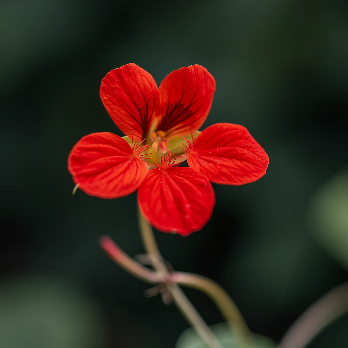 Flame Creeper — Macro of a single flame creeper flower showing the spurred form