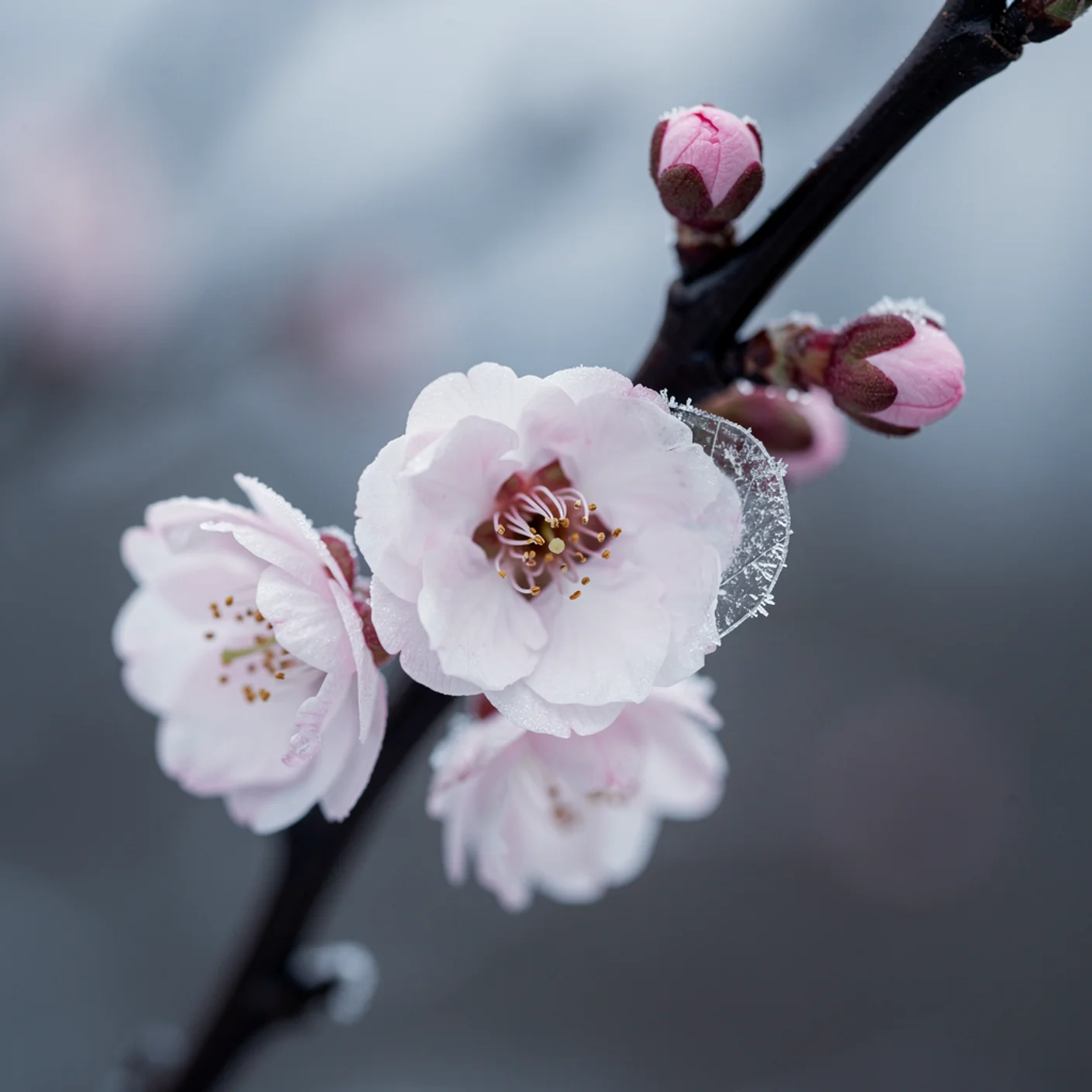 Winter-Flowering Cherry — Macro of winter cherry blossoms on a bare branch