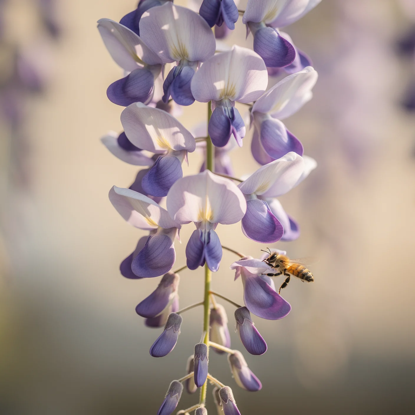 Wisteria — Macro of individual pea-like flowers on raceme