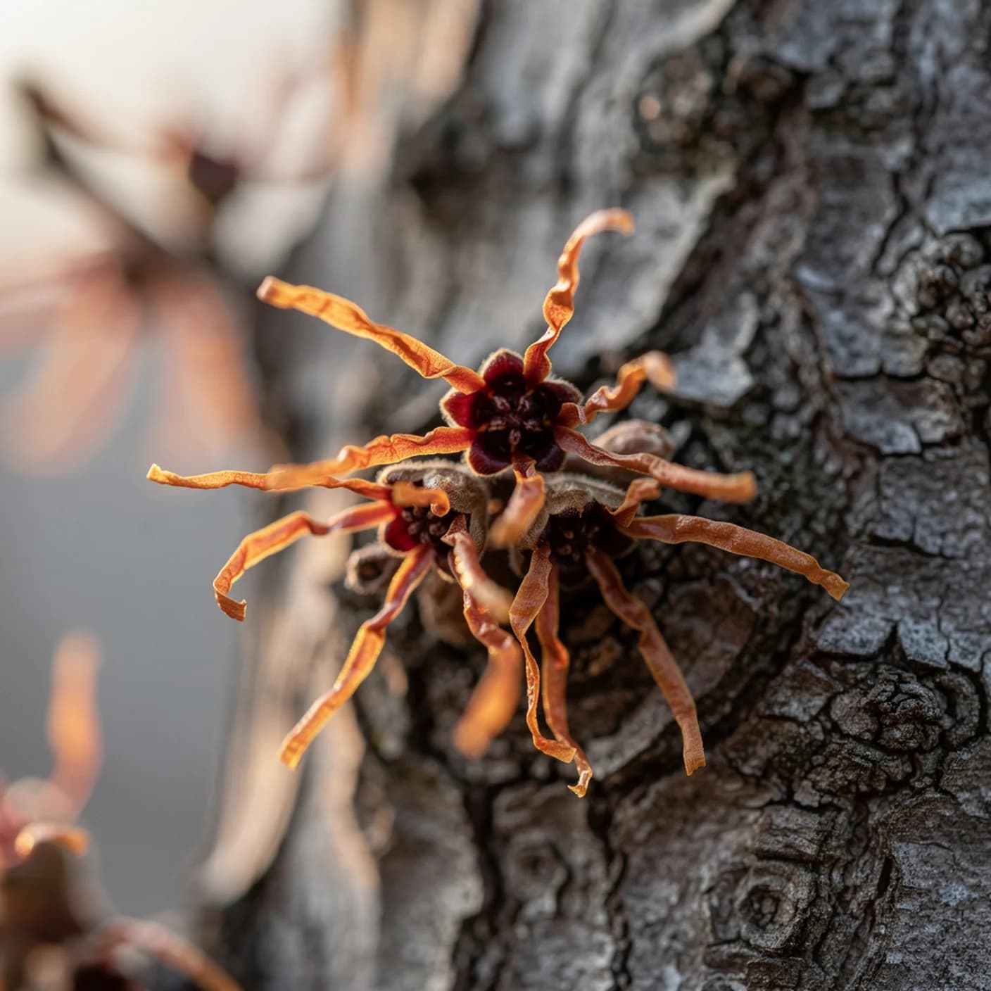 Witch Hazel — Macro of spidery flower cluster on bare bark